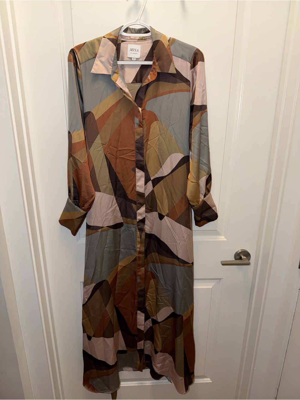 Misa Los Angeles Multicolor Abstract Maxi Shirt Dress in Brown, Olive, Gray